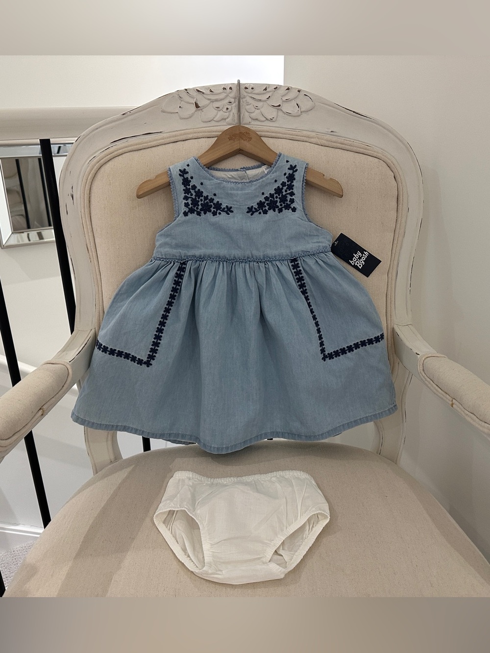 🤍 18 Mth Light Blue Cotton Embroidered Soft Denim Baby Dress NWT